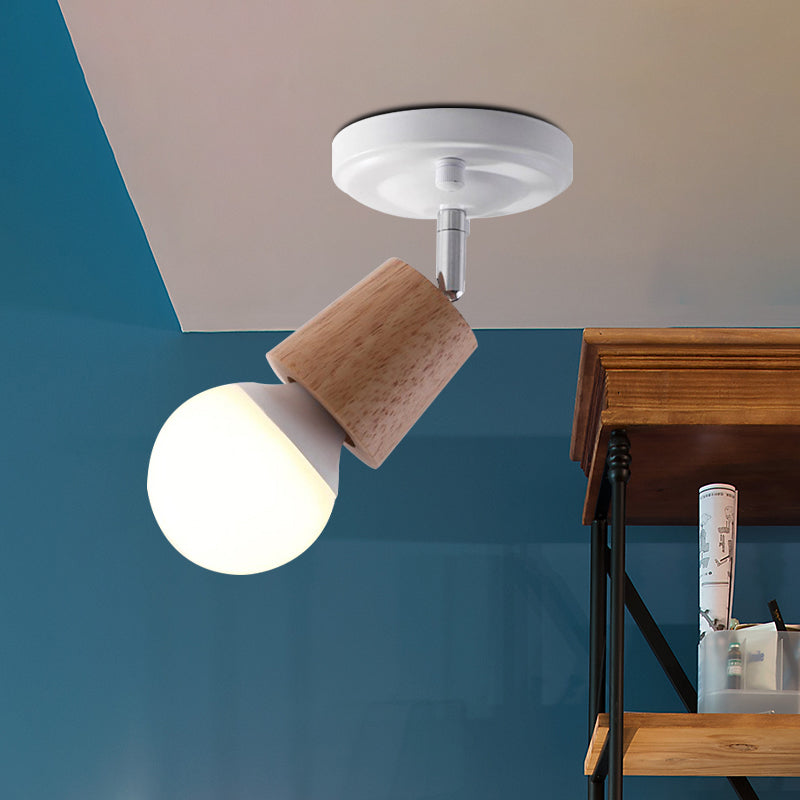 Metal Bare Bulb Semi Flush Ceiling Light Modern 1 Light White Finish Flushmount with Wood Top