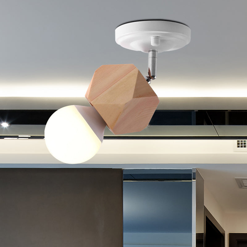Metal Bare Bulb Semi Flush Ceiling Light Modern 1 Light White Finish Flushmount with Wood Top