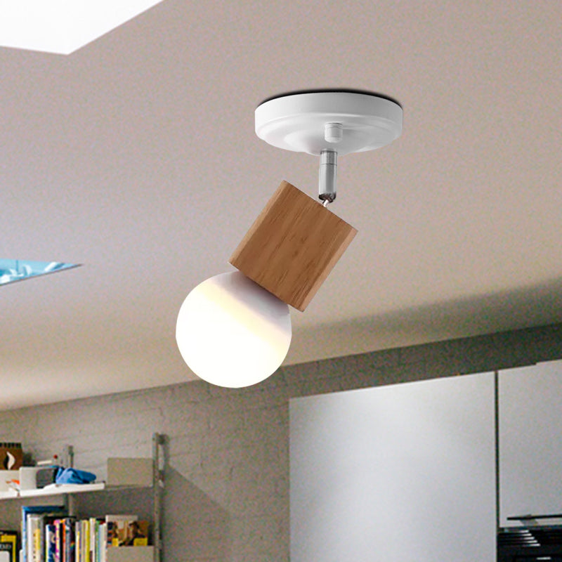 Metal Bare Bulb Semi Flush Ceiling Light Modern 1 Light White Finish Flushmount with Wood Top