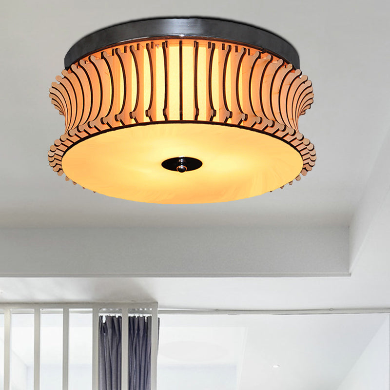 Drum Flushmount Lighting Contemporary Wood 3 Heads Beige Flush Mount Ceiling Lamp
