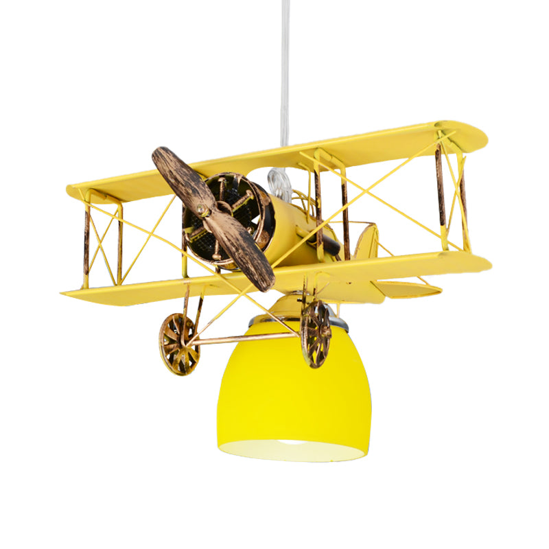 Wright Flyer Aircraft Suspension Light Kinder Metall 1 Kopf Rot/Blau/Gelb Anhänger Beleuchtung mit Boden kuppel farbiger Glasschatten