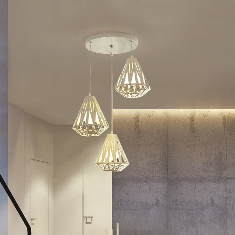 Iron Diamond Cage Multi Light Pendant Modernism 3 Heads White Finish Ceiling Suspension Lamp