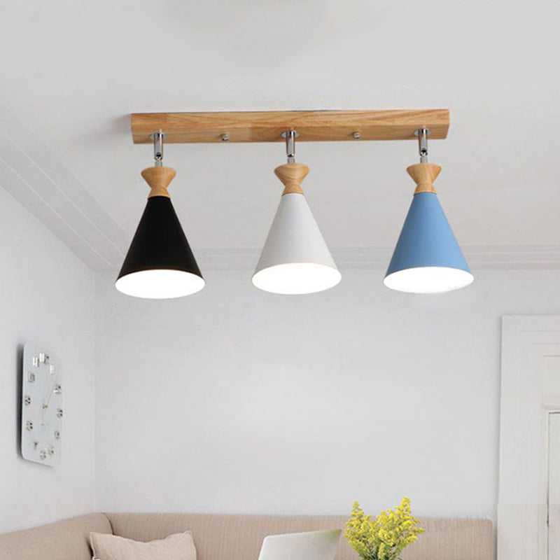 3 Heads Living Room Semi Flush Lamp Macaron Black-White-Blue and Wood Close to Ceiling Light with Conic Iron Shade