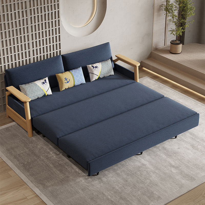 Contemporary Blue Futon Sleeper Sofa Bed with Wooden Square Arms
