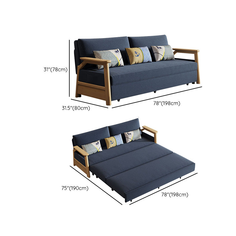 Contemporary Blue Futon Sleeper Sofa Bed with Wooden Square Arms