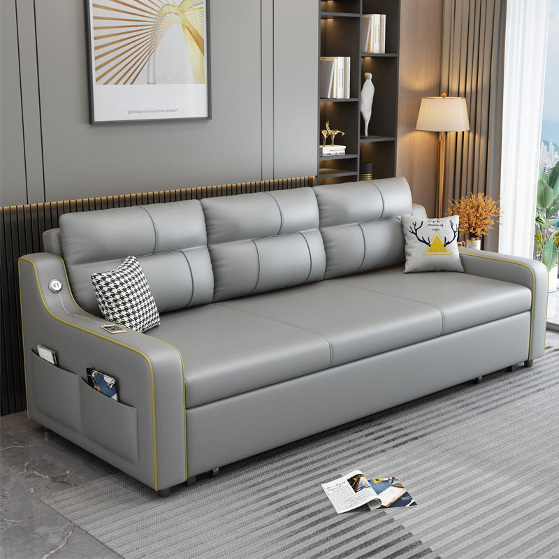 Contemporary Grey Bonded Leather Sleeper Sofa with Box and Cushion Back