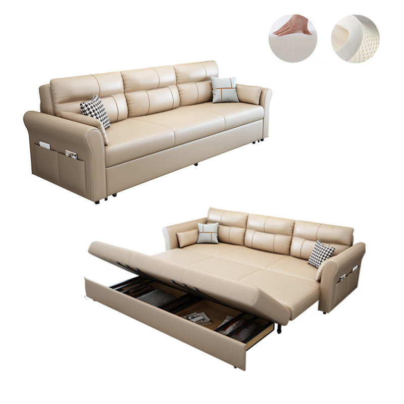 Scandinavian Beige Sleeper Sofa in Bonded Leather with Storage