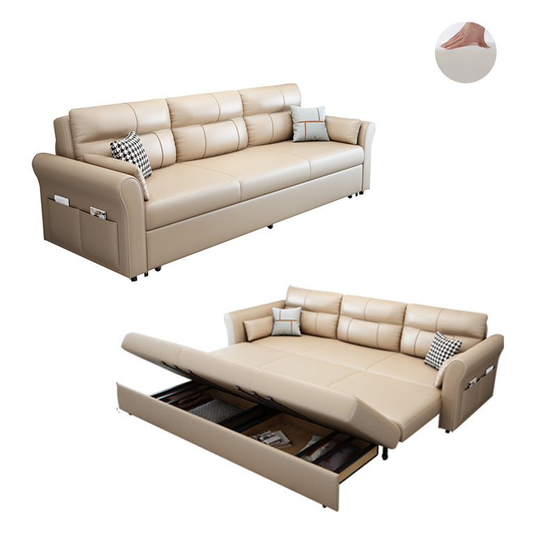 Scandinavian Beige Sleeper Sofa in Bonded Leather with Storage