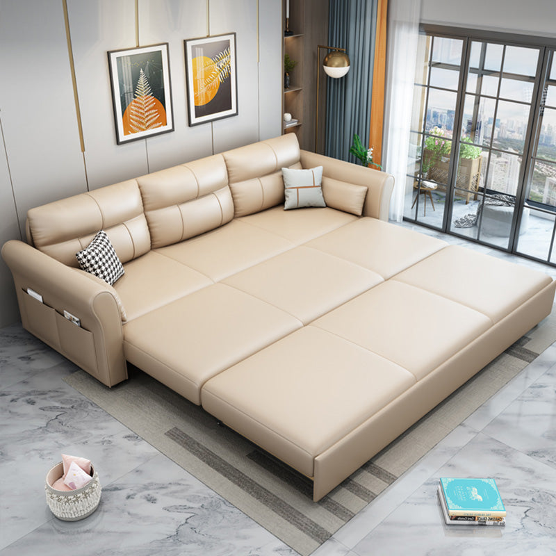 Scandinavian Beige Sleeper Sofa in Bonded Leather with Storage