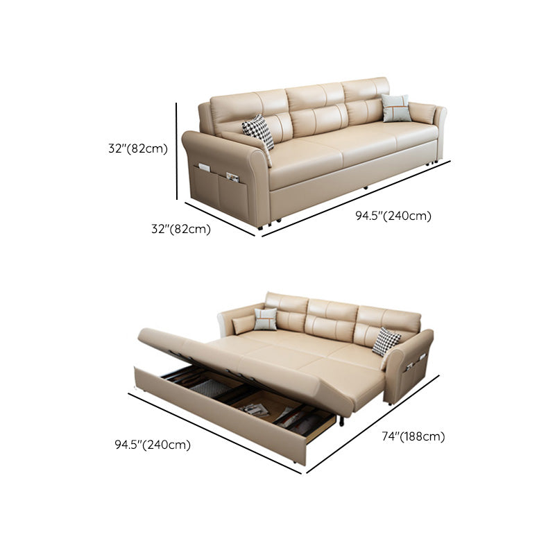 Scandinavian Beige Sleeper Sofa in Bonded Leather with Storage