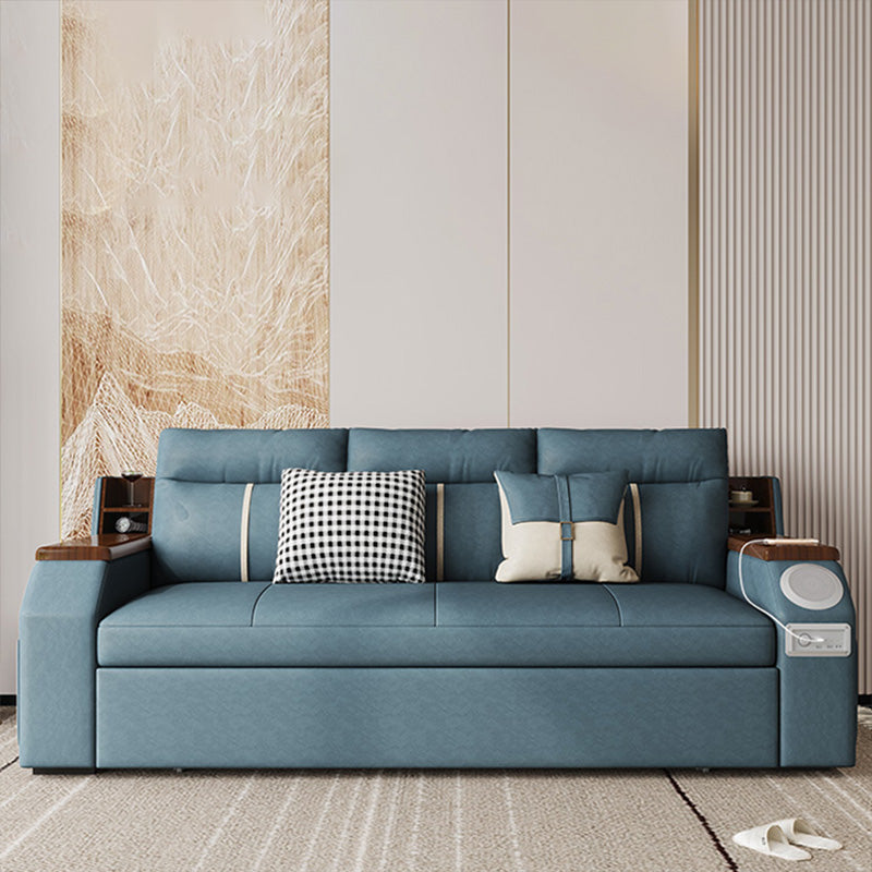 Scandinavian Blue Sleeper Sofa with Storage and Cushion Back
