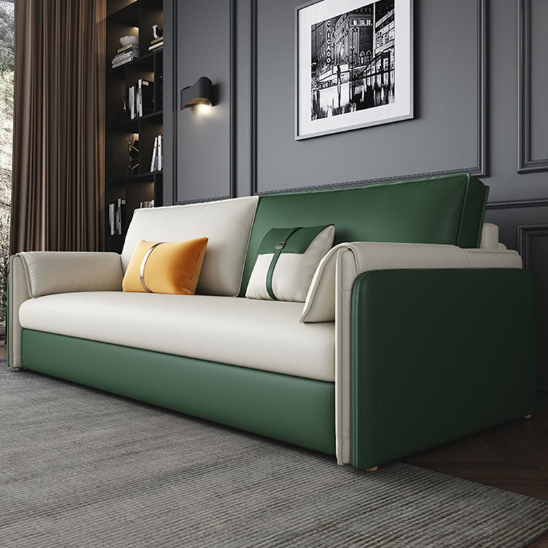 Glam Green Futon Sleeper Sofa Bed in Bonded Leather with Storage