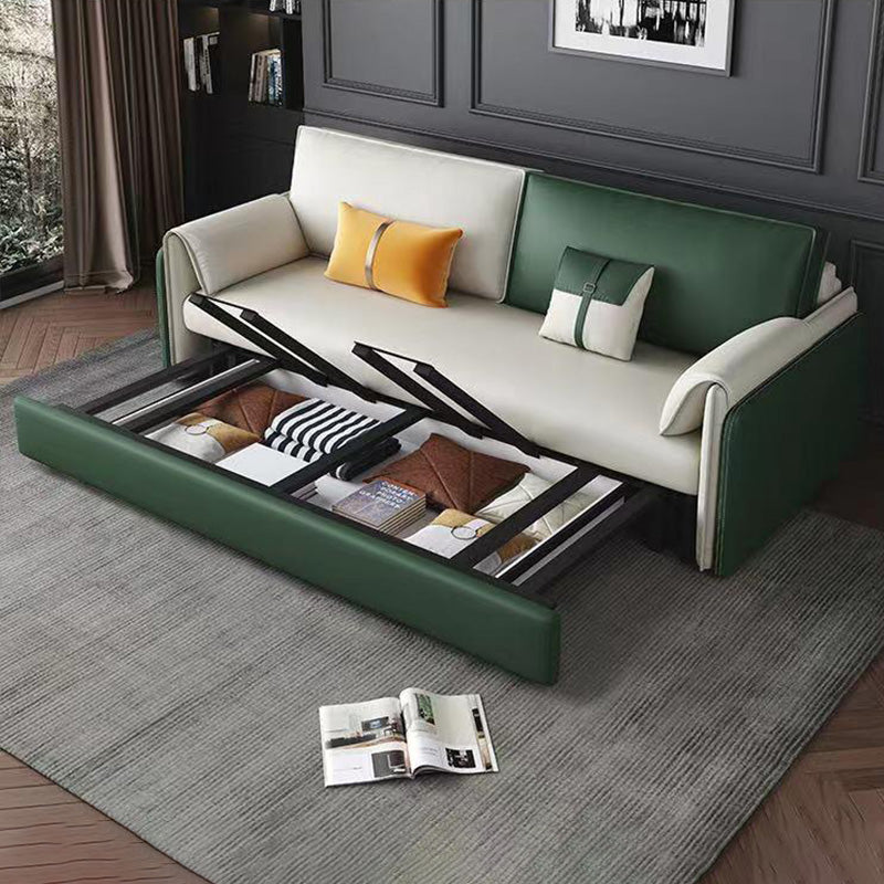 Glam Green Futon Sleeper Sofa Bed in Bonded Leather with Storage