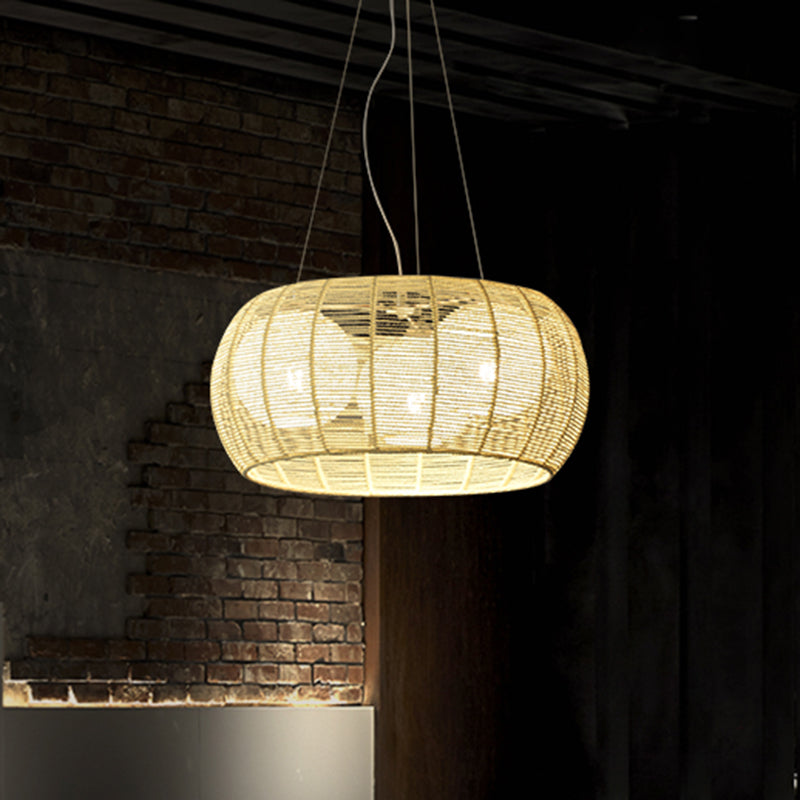 Bamboo Rattan Drum Pendant Chandelier Asian 3 Lights Hanging Ceiling Lamp in Beige for Restaurant