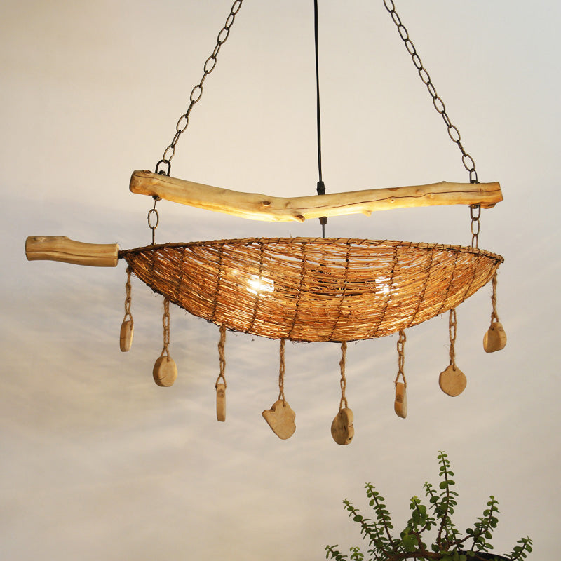 Asian Boat Shape Ceiling Chandelier Bamboo Rattan 2 Heads Restaurant Suspension Lamp in Flaxen with Wood Accent