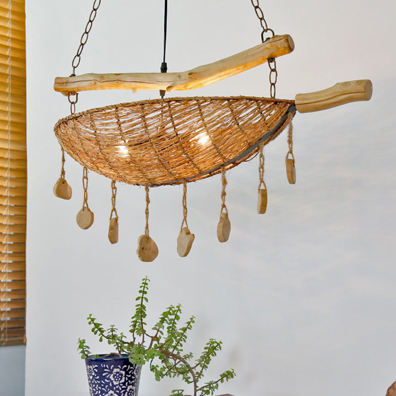 Asian Boat Shape Ceiling Chandelier Bamboo Rattan 2 Heads Restaurant Suspension Lamp in Flaxen with Wood Accent