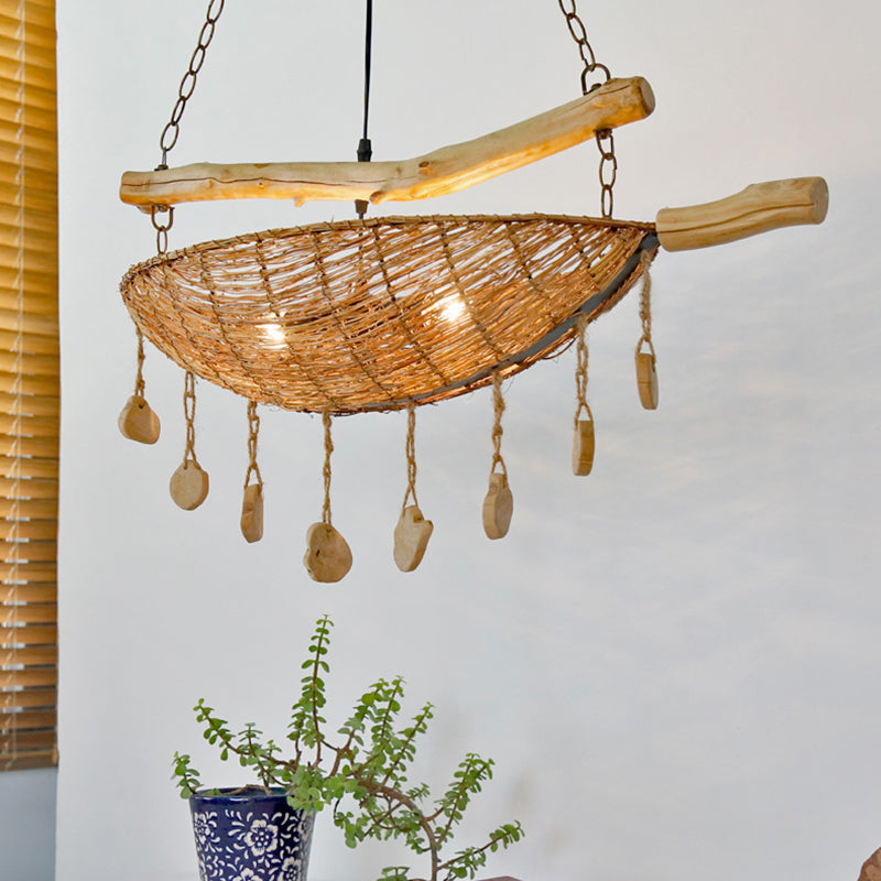 Asiatische Bootsform Decke Kronleuchter Bambus Rattan 2 Heads Restaurant Suspension Lampe in Flaxen mit Holzakzent