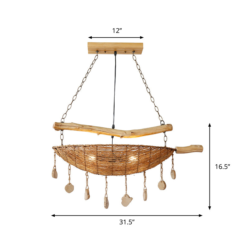 Asian Boat Shape Ceiling Chandelier Bamboo Rattan 2 Heads Restaurant Suspension Lamp in Flaxen with Wood Accent