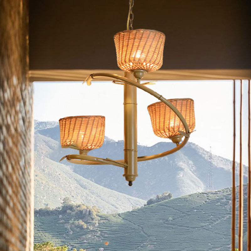 Lampadario a spirale di bambù sospeso asiatico 3 lampadine beige su soffitto a sospensione con ciotola tonalità rattan