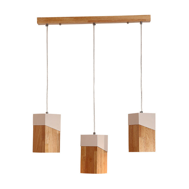 Salle d'étude à 3 têtes Multi Light Pendant MODERNE BEIGE et SUSPENSION BLANCE avec une teinte en bois cuboïde