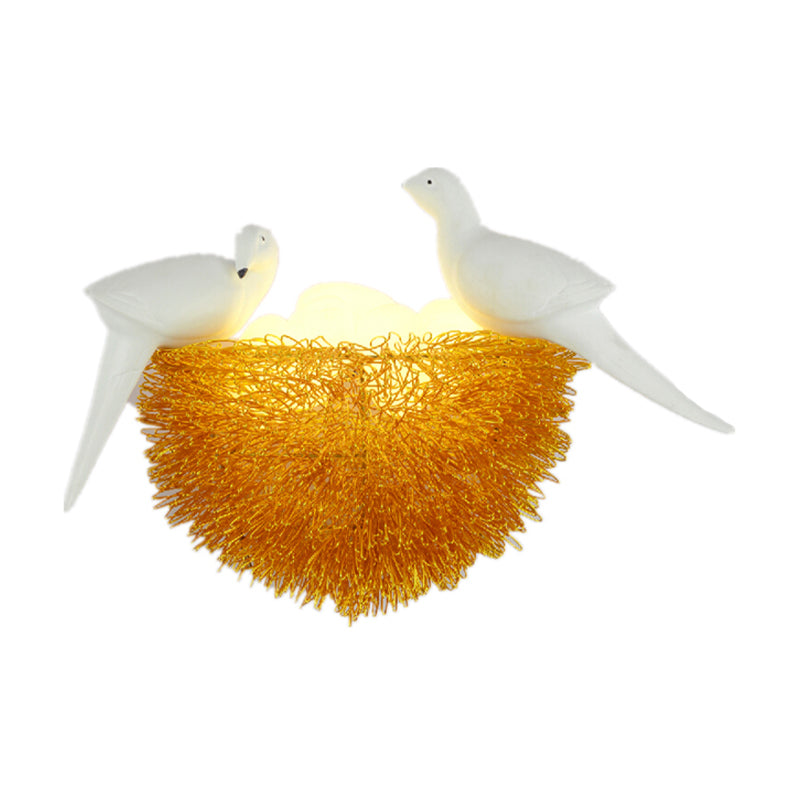 Gold Finish Bird Nest Flush Wall Sconce Art Deco 3 Lights Metal LED Wall Lamp Fixture with White Bird Decor