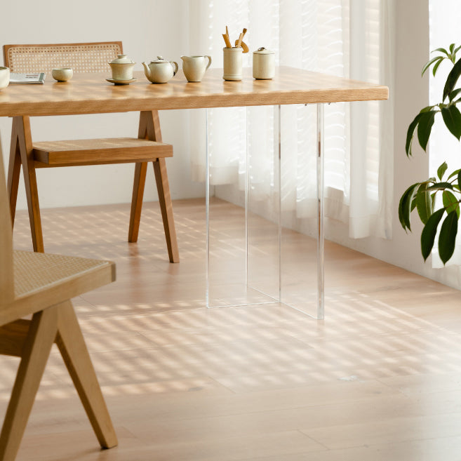 Modern Solid Wood Dining Table Natural Oak Rectangular Top with Double Pedestal