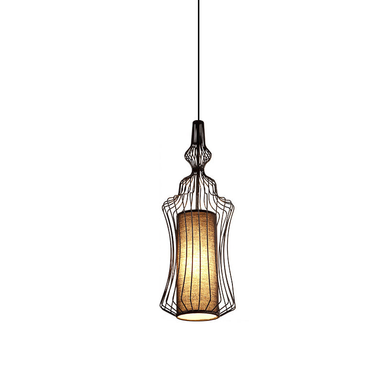Lámpara colgante de jaula de alambre negro con sombra de tela Retro metal industrial 1 Comedor ligero Luz colgante