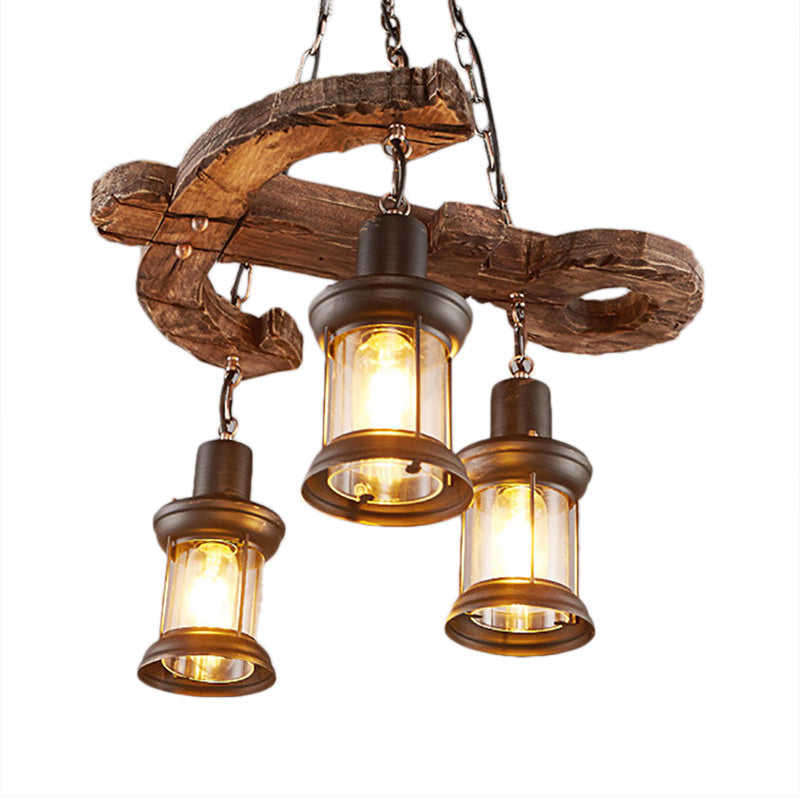 3 Lights Ceiling Light Fixture Coastal Kerosene Clear Glass Pendant Chandelier in Black with Wooden Anchor