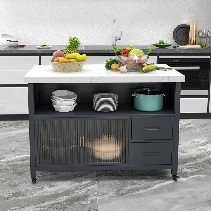 Faux Marble Rectangle Kitchen Cart with Metal Base and Wheels