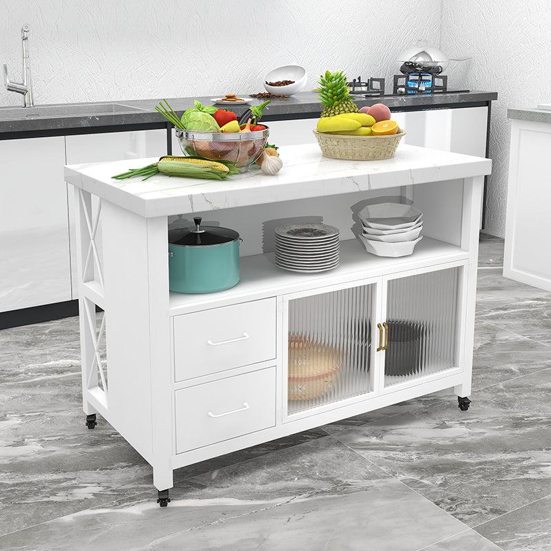 Faux Marble Rectangle Kitchen Cart with Metal Base and Wheels