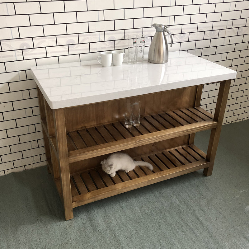 Pine Wood Rectangular Kitchen Island Table with Open Storage