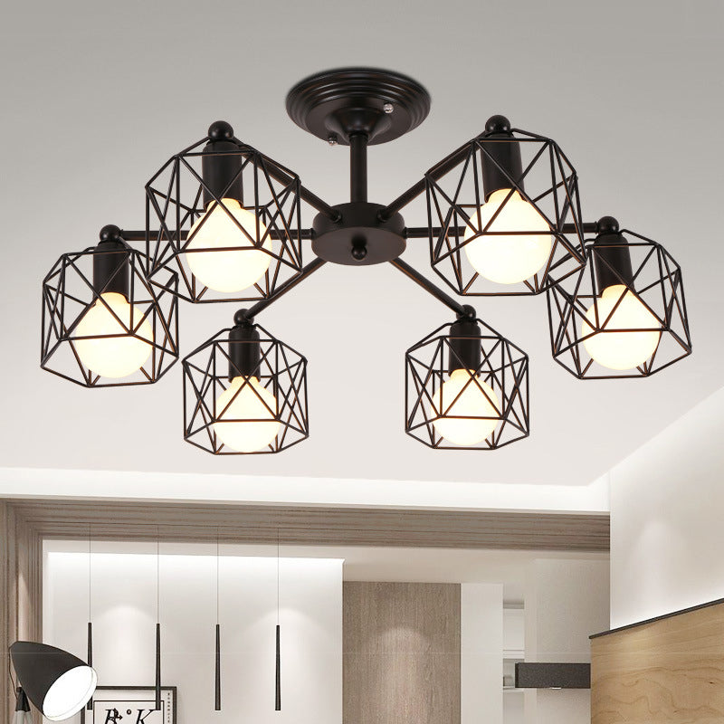 6/8/10 Heads Semi-Flush Mount with Hexagon Cage Shade Metal Vintage Style Living Room Close to Ceiling Light in Black