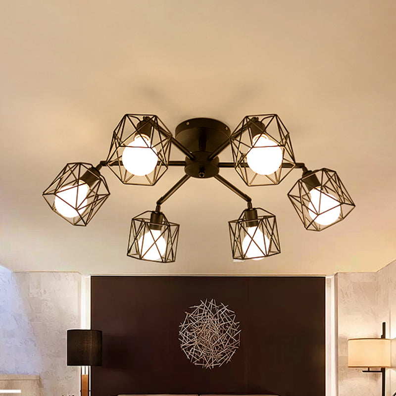 6/8/10 Heads Semi-Flush Mount with Hexagon Cage Shade Metal Vintage Style Living Room Close to Ceiling Light in Black