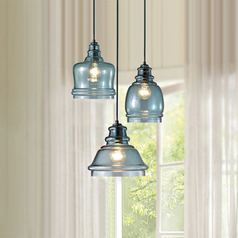 3 Lichter Multi -Anhänger mit unterschiedlichem schattenblauem Glas modernem Esszimmer Hängende Leuchte in schwarzer, runder/linearer Baldachin