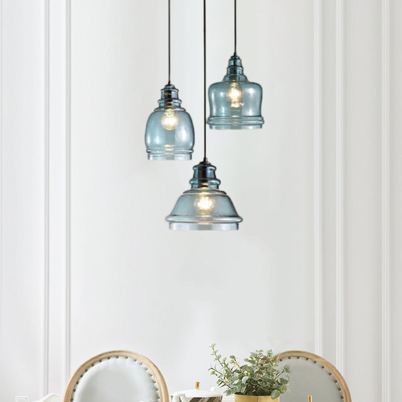 3 luci Multi pendente con diverso tonalità blu vetro moderno sala da pranzo lampada appesa in tettoia nera, rotonda/lineare