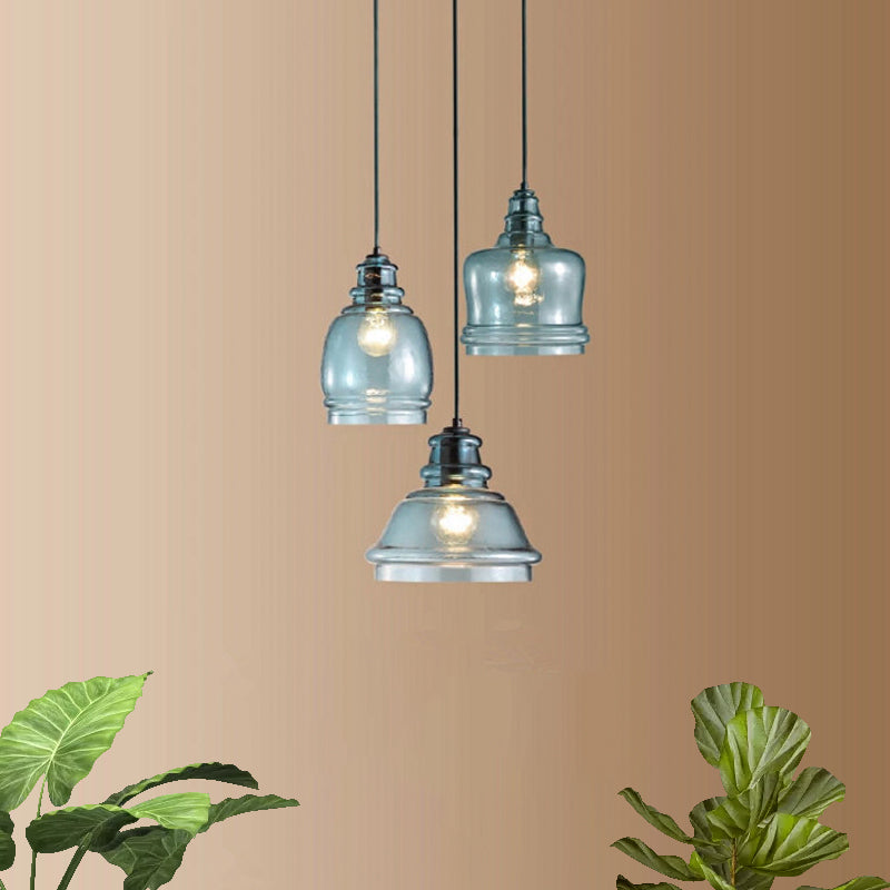 3 Lichter Multi -Anhänger mit unterschiedlichem schattenblauem Glas modernem Esszimmer Hängende Leuchte in schwarzer, runder/linearer Baldachin