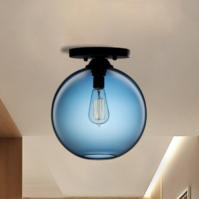 Globe Shade Semi Flush Dining Room Red/Brown/Blue Glass Industrial Style 1/2 Light Black Ceiling Lighting