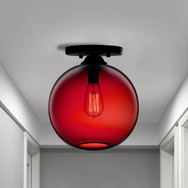 Globe Shade Semi Flush Dining Room Red/Brown/Blue Glass Industrial Style 1/2 Light Black Ceiling Lighting