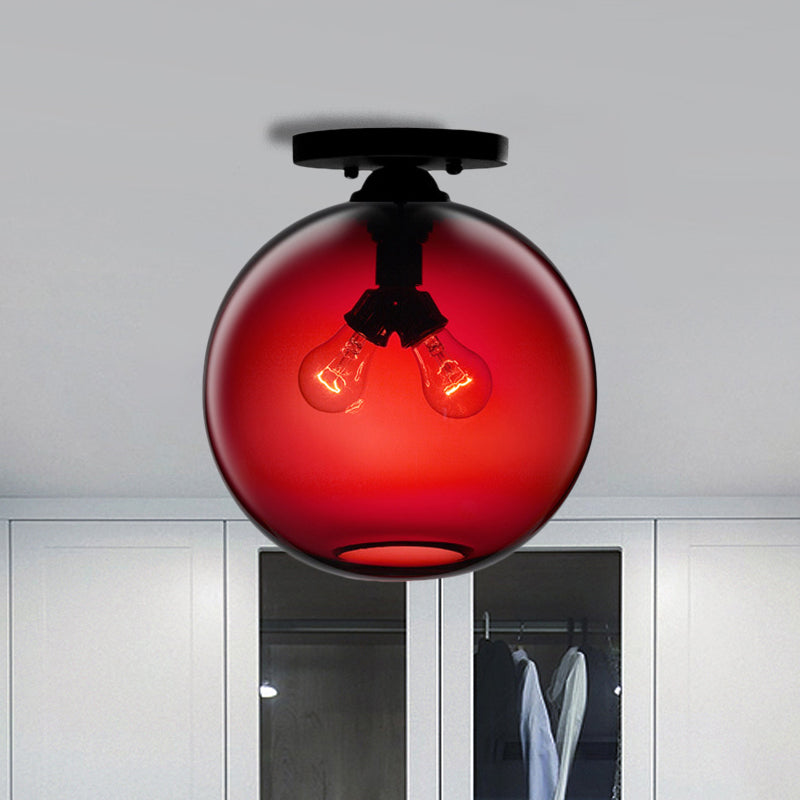 Globe Shade Semi Flush Dining Room Red/Brown/Blue Glass Industrial Style 1/2 Light Black Ceiling Lighting