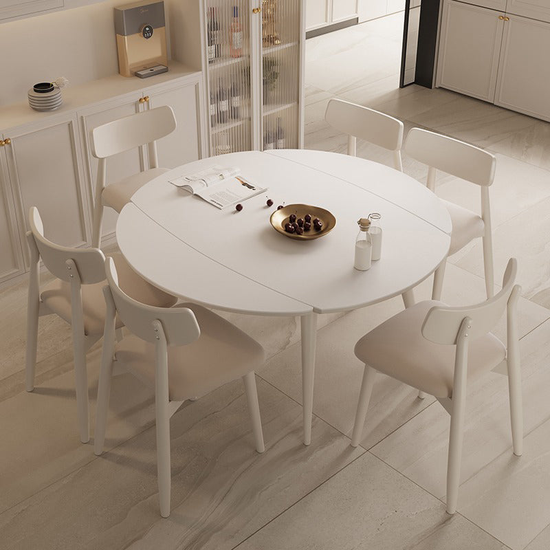 Round Extendable Dining Table Modern White Stone Tabletop with Double Drop Leaf