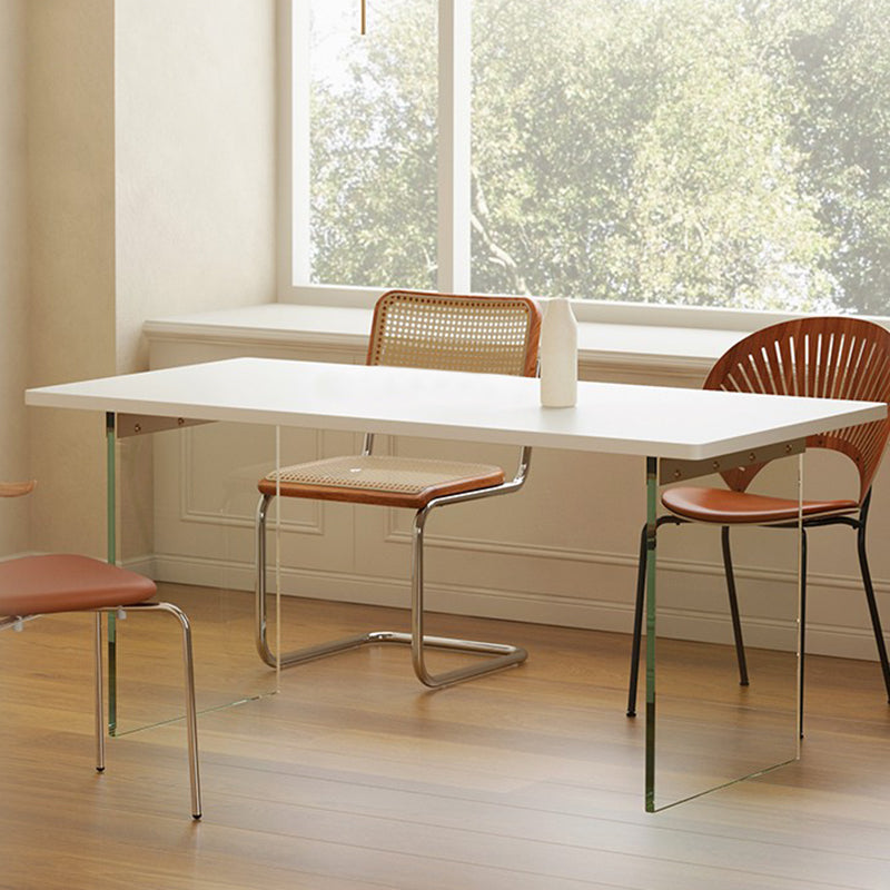 Rectangular Dining Table Modern Wood Tabletop with Acrylic Double Pedestal Base