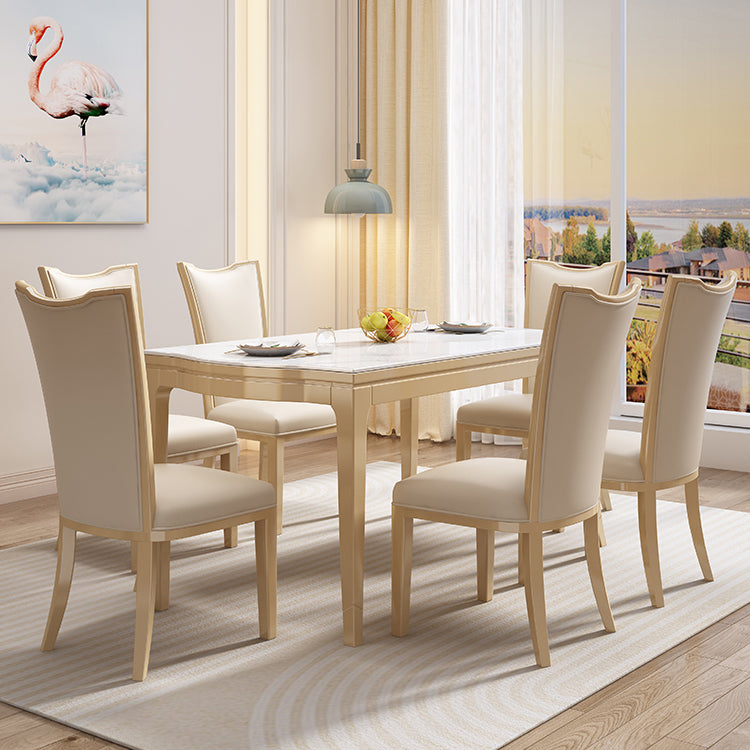 Modern White Stone Top Dining Table with Solid Wood Legs for Living Room