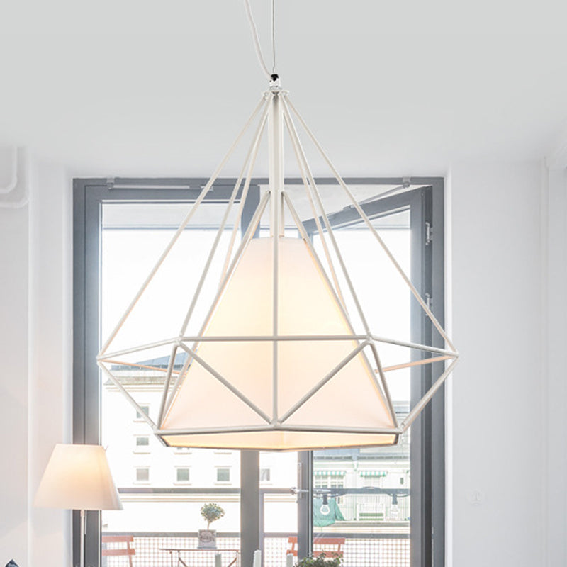 1 Head Wire Frame Hanging Pendant Light with Fabric Shade Loft White Metal Ceiling Lighting for Coffee Shop