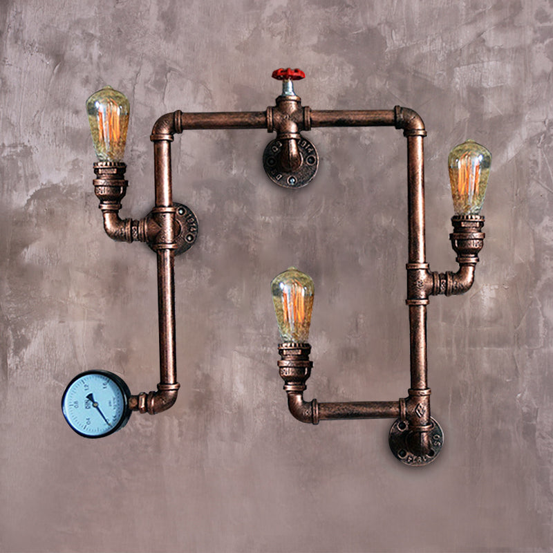 3 Bulbs Wall Lighting Farmhouse Water Pipe Wrought Iron Sconce Light with Valve and Gauge in Rust Finish