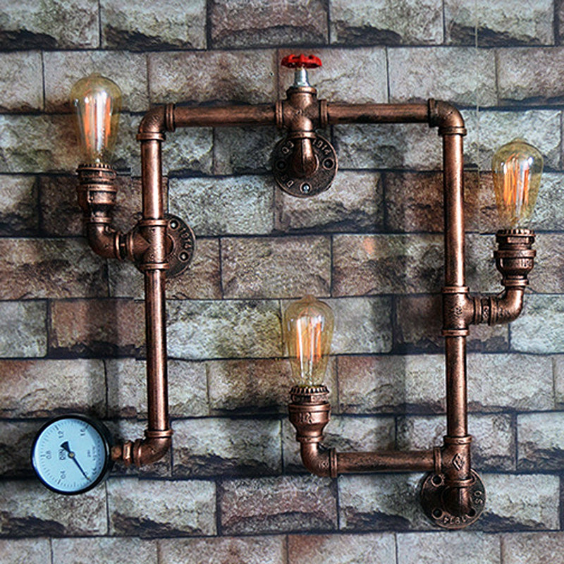 3 Bulbs Wall Lighting Farmhouse Water Pipe Wrought Iron Sconce Light with Valve and Gauge in Rust Finish