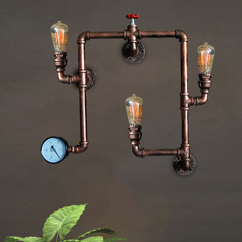 3 Bulbs Wall Lighting Farmhouse Water Pipe Wrought Iron Sconce Light with Valve and Gauge in Rust Finish
