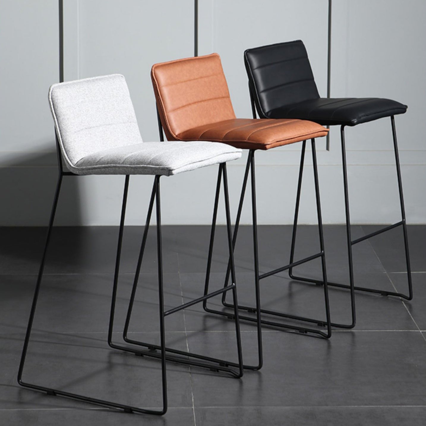 Contemporary Upholstered Armless Bar Stool with Black Metal Base