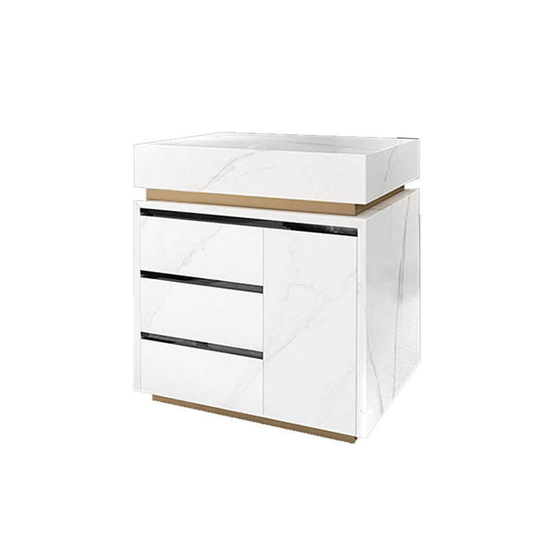 White Stone Contemporary Kitchen Island Table with Storage Cabinet