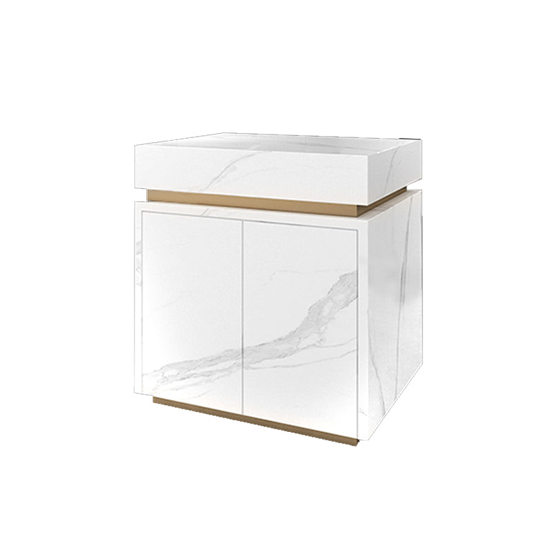 White Stone Contemporary Kitchen Island Table with Storage Cabinet