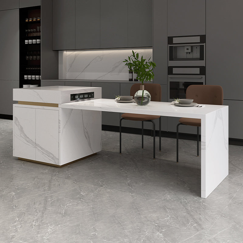 White Stone Contemporary Kitchen Island Table with Storage Cabinet